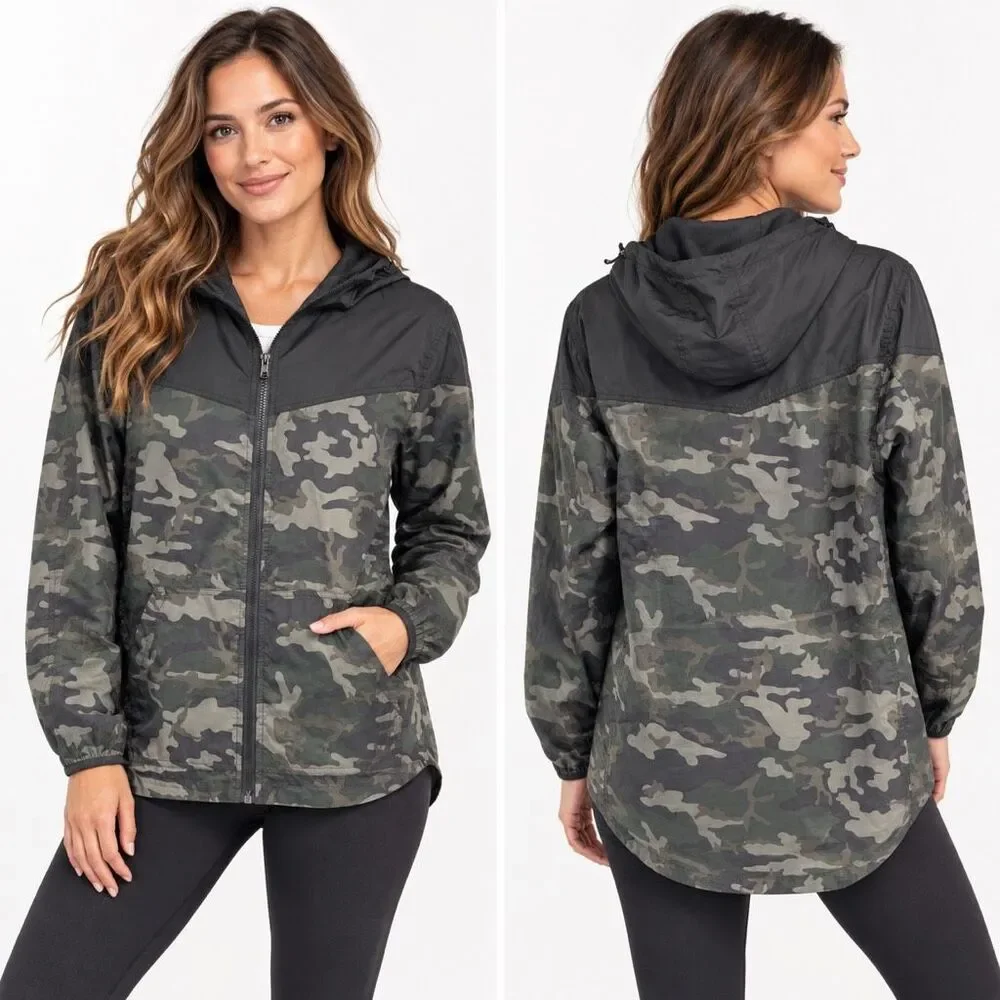 Cotton On 19Ninety:One Women’s Camo Hooded Windbreaker Jacket Large Hi-Low